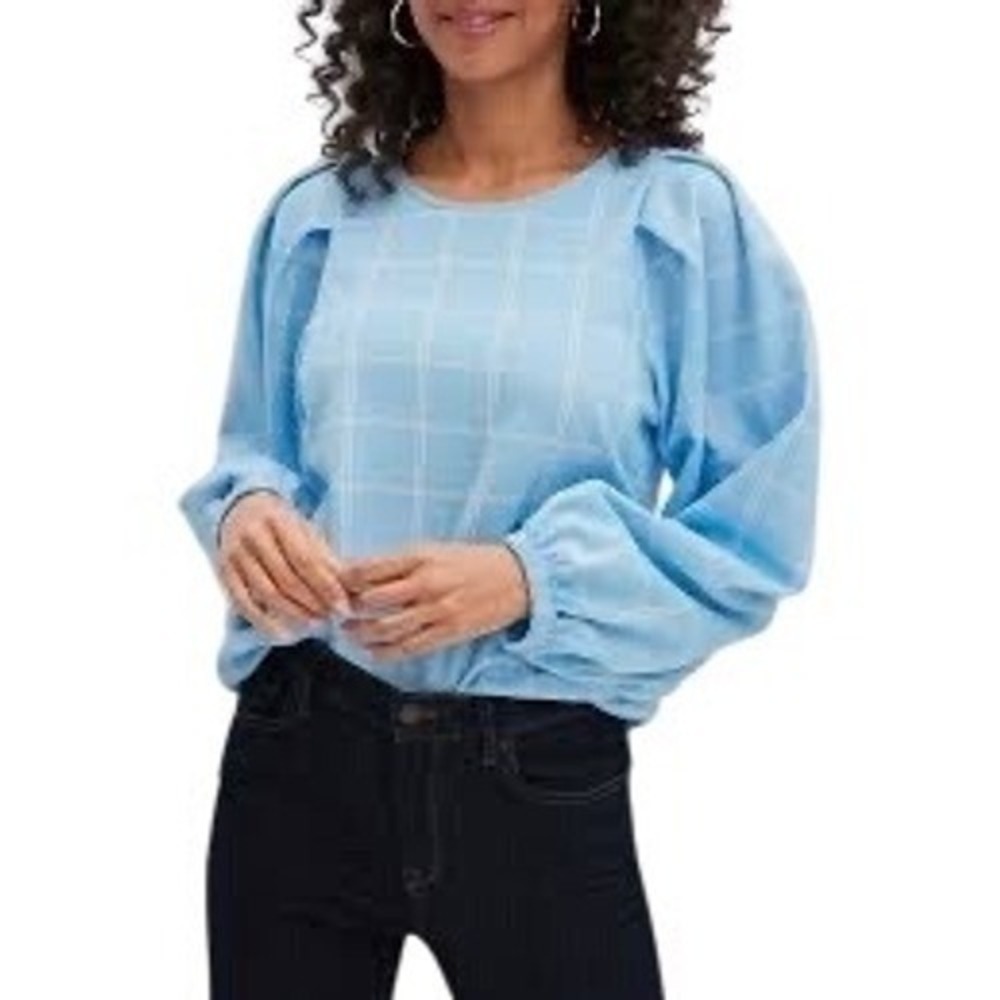 Blue Plaid Puff Sleeve Crew Neck‎ Top Banana Republic Women's Size L EUC